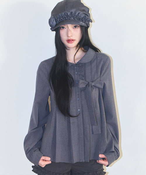 RIBBON PLEATS BLOUSE GREY - 3 COLORS GREY