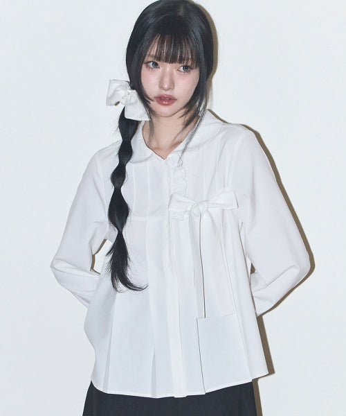 RIBBON PLEATS BLOUSE GREY - 3 COLORS WHITE