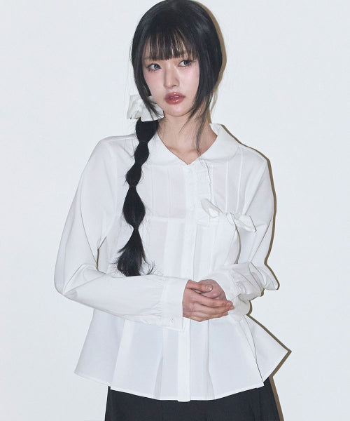 RIBBON PLEATS BLOUSE GREY - 3 COLORS WHITE