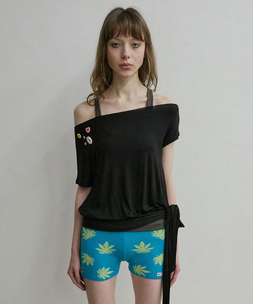 OFF SHOULDER BUTTON TEE - 3 COLORS BLACK