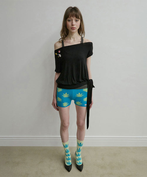 OFF SHOULDER BUTTON TEE - 3 COLORS BLACK