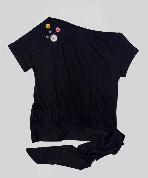 OFF SHOULDER BUTTON TEE - 3 COLORS BLACK
