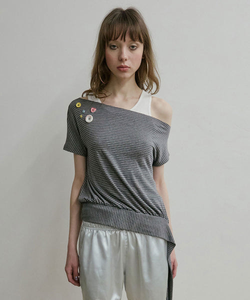 OFF SHOULDER BUTTON TEE - 3 COLORS MELANGE GREY