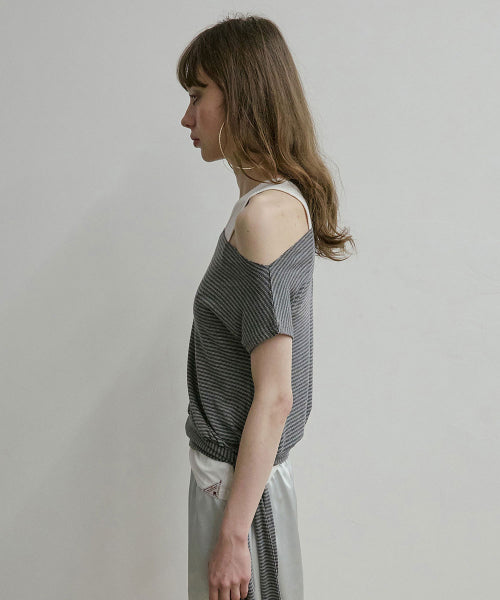 OFF SHOULDER BUTTON TEE - 3 COLORS MELANGE GREY
