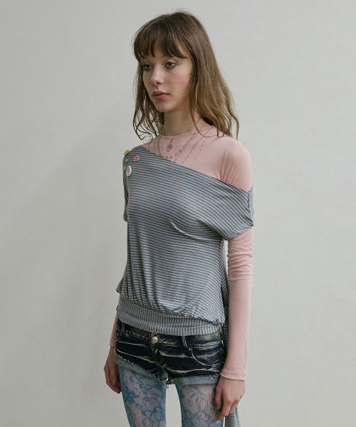 OFF SHOULDER BUTTON TEE - 3 COLORS BLUE