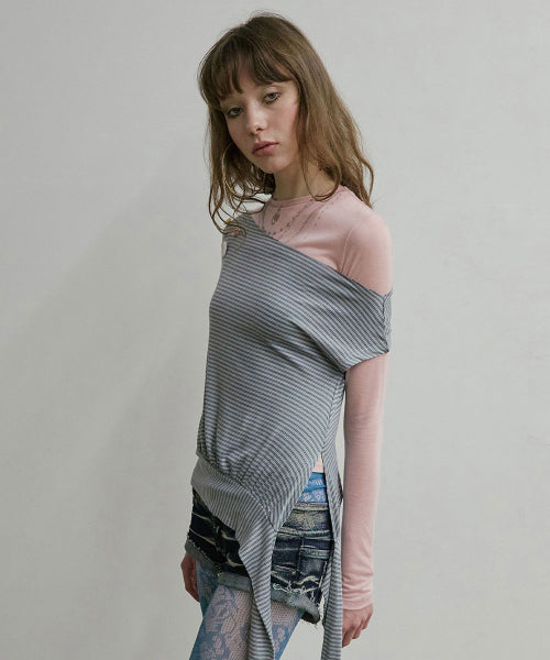 OFF SHOULDER BUTTON TEE - 3 COLORS BLUE