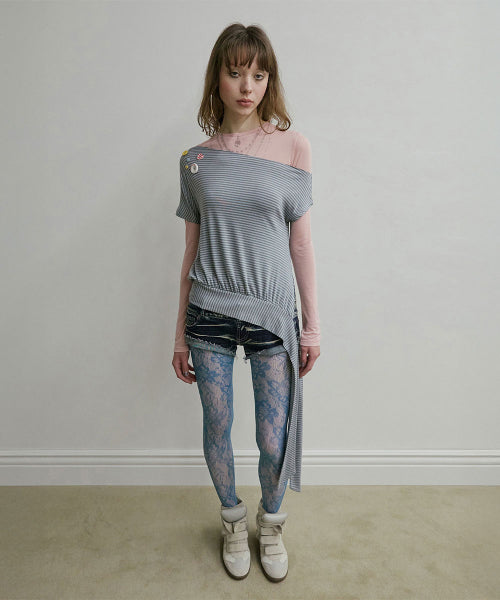 OFF SHOULDER BUTTON TEE - 3 COLORS BLUE