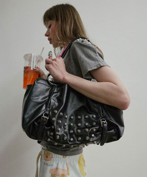 METAL STUD TOTE BAG - 2 COLORS BLACK