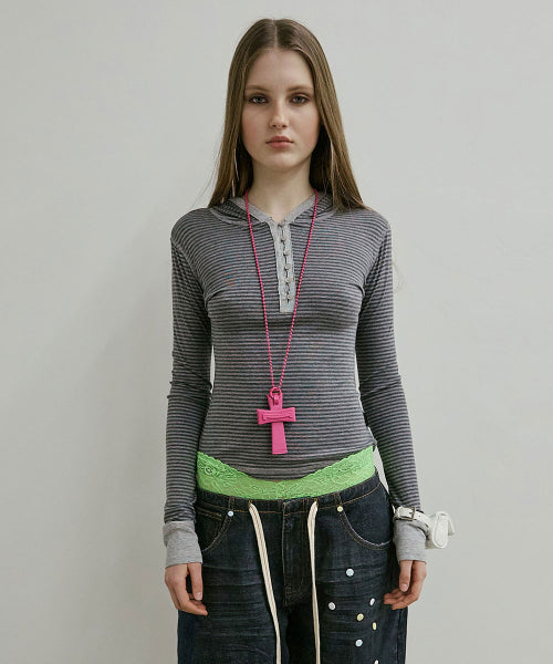 STRIPED BUTTON DOWN HOODIE - 3 COLORS CHARCOAL