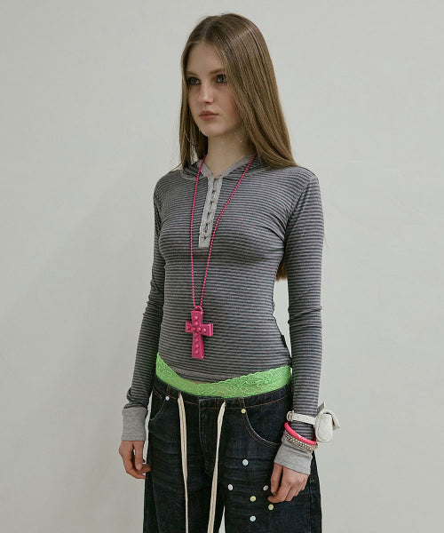STRIPED BUTTON DOWN HOODIE - 3 COLORS CHARCOAL