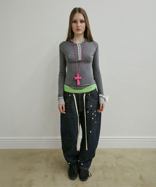 STRIPED BUTTON DOWN HOODIE - 3 COLORS CHARCOAL