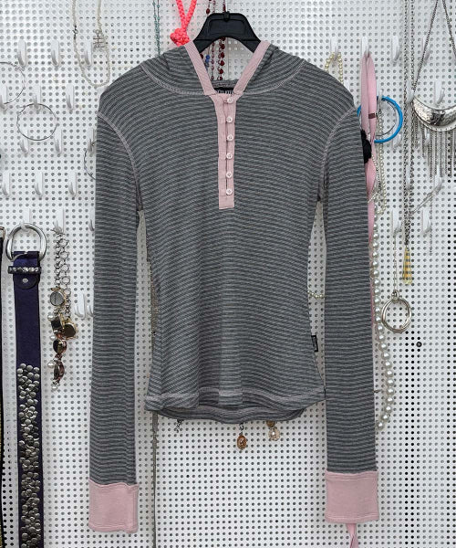 STRIPED BUTTON DOWN HOODIE - 3 COLORS MELANGE GREY