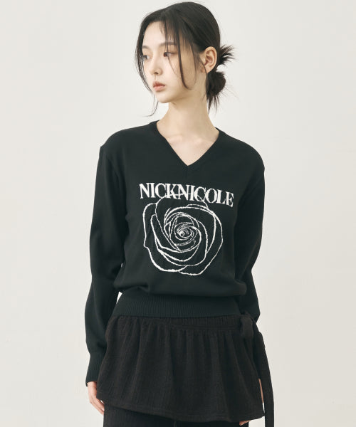 NICOLE ROSE JAQUARD PULLOVER KNIT #徐睿知同款! - 5 COLORS BLACK