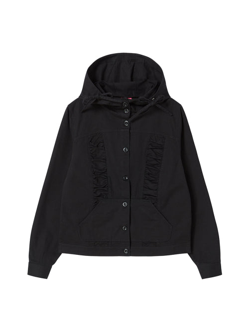 COTTON SHIRRING HOOD JACKET BLACK - 2 COLORS