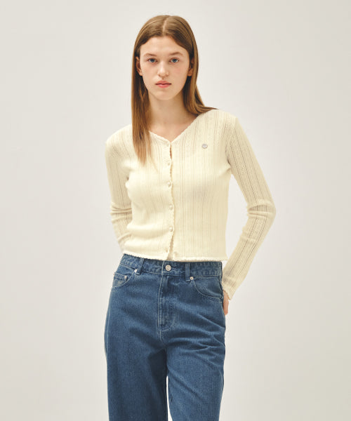 W V NECK CROCHET KNIT CARDIGAN - 2 COLORS IVORY