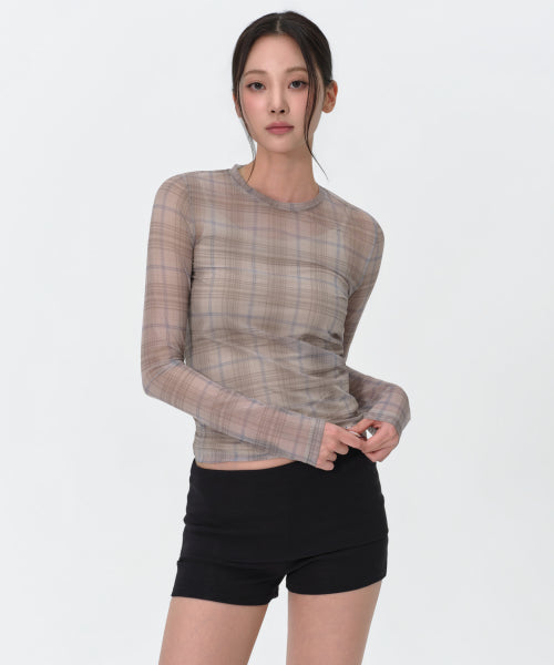 WOMENS CHECK SHEER LONG SLEEVE TEE #韓韶禧同款! BEIGE
