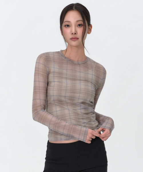 WOMENS CHECK SHEER LONG SLEEVE TEE #韓韶禧同款! BEIGE