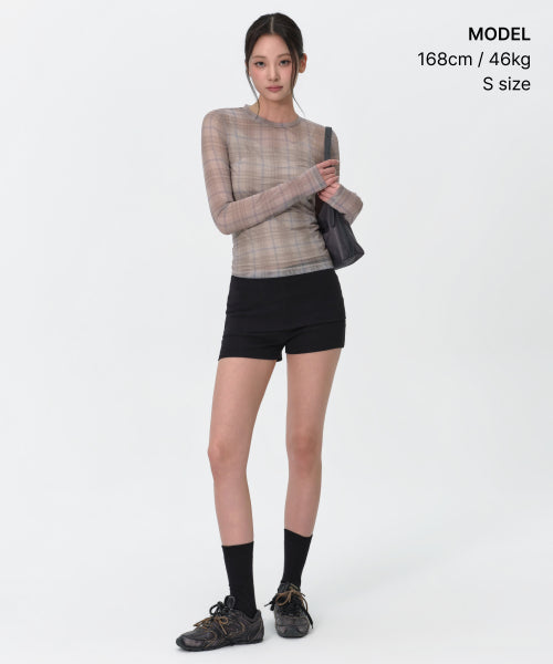 WOMENS CHECK SHEER LONG SLEEVE TEE #韓韶禧同款! BEIGE