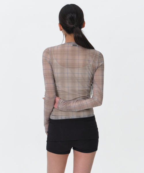 WOMENS CHECK SHEER LONG SLEEVE TEE #韓韶禧同款! BEIGE