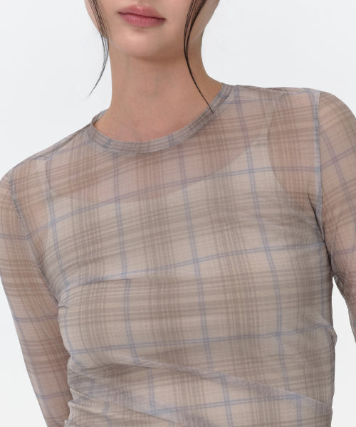WOMENS CHECK SHEER LONG SLEEVE TEE #韓韶禧同款! BEIGE