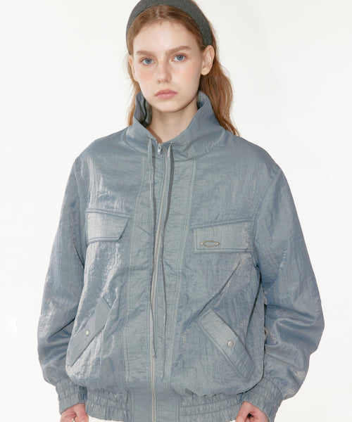 HIGH NECK GLOSSY WINDBREAKER - 2 COLORS SKY BLUE