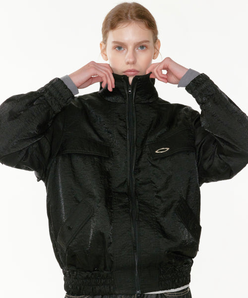 HIGH NECK GLOSSY WINDBREAKER - 2 COLORS BLACK