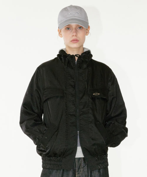 HIGH NECK GLOSSY WINDBREAKER - 2 COLORS BLACK