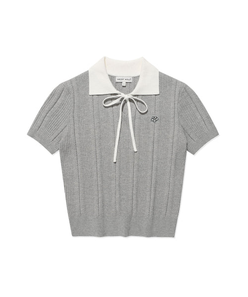 RIBBON COLLAR SHORT SLEEVE KNIT #GISELLE同款! - 2 COLORS LIGHT GREY