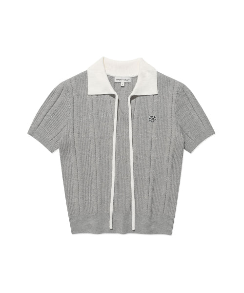 RIBBON COLLAR SHORT SLEEVE KNIT #GISELLE同款! - 2 COLORS LIGHT GREY