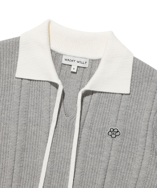 RIBBON COLLAR SHORT SLEEVE KNIT #GISELLE同款! - 2 COLORS LIGHT GREY