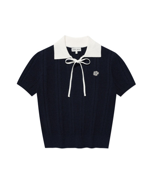 RIBBON COLLAR SHORT SLEEVE KNIT #GISELLE同款! - 2 COLORS NAVY