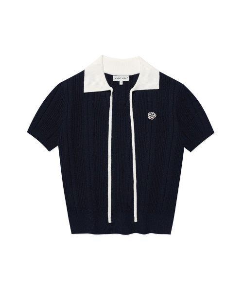 RIBBON COLLAR SHORT SLEEVE KNIT #GISELLE同款! - 2 COLORS NAVY
