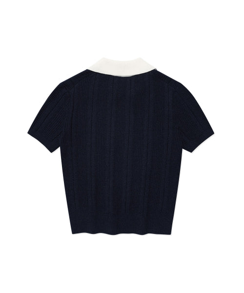 RIBBON COLLAR SHORT SLEEVE KNIT #GISELLE同款! - 2 COLORS NAVY