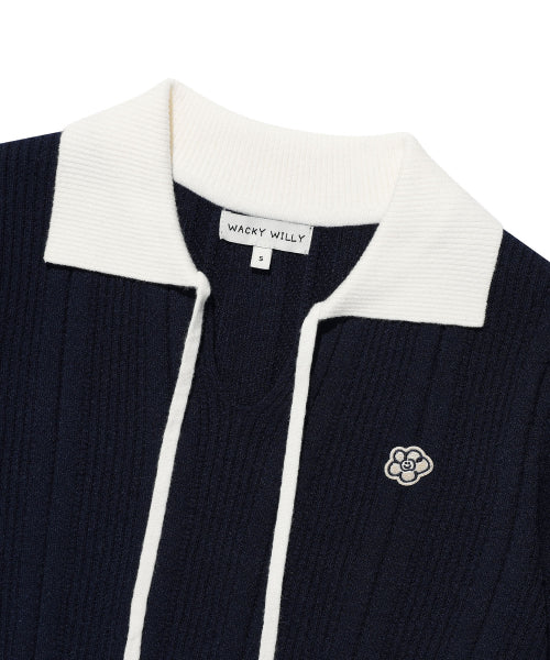RIBBON COLLAR SHORT SLEEVE KNIT #GISELLE同款! - 2 COLORS NAVY