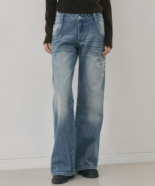 CRYSTAL BUTTERFLY DENIM WIDE PANTS #徐睿知同款! BLUE