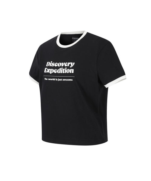 WOMEN FRESHVENT LETTERING SEMI CROP RINGER TEE #NINGNING同款！ - 4 COLORS BLACK