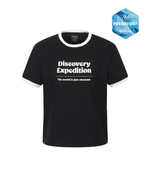 WOMEN FRESHVENT LETTERING SEMI CROP RINGER TEE #NINGNING同款！ - 4 COLORS BLACK