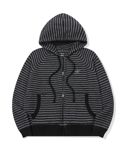 CAT STRIPE HOOD KNIT ZIP-UP - 2 COLORS CHARCOAL
