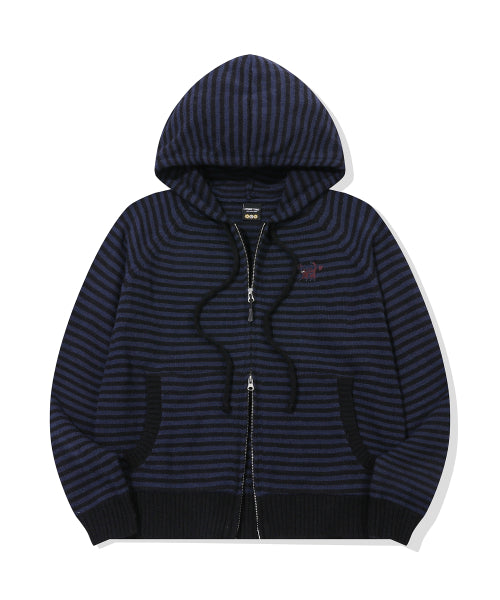 CAT STRIPE HOOD KNIT ZIP-UP - 2 COLORS NAVY