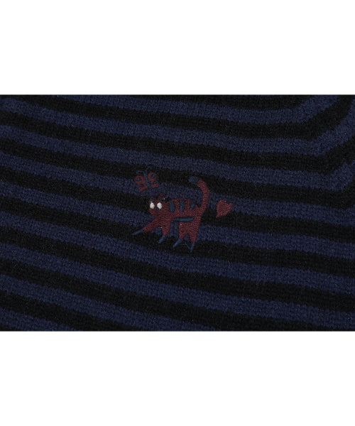 CAT STRIPE HOOD KNIT ZIP-UP - 2 COLORS NAVY