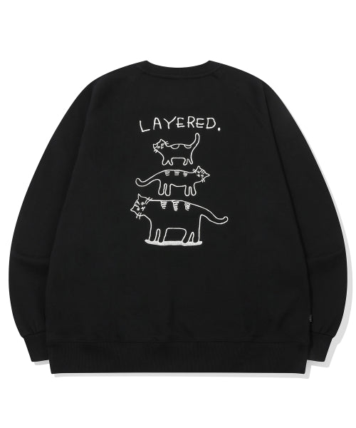 LAYERED CAT EMBROIDERY SWEATSHIRT - 2 COLORS BLACK