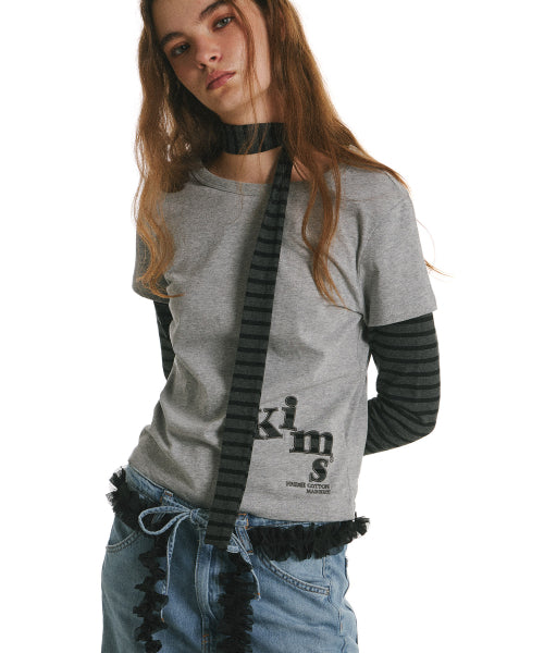 34 STRIPE LAYERED APPLIQUE LONG SLEEVE T-SHIRT GREY