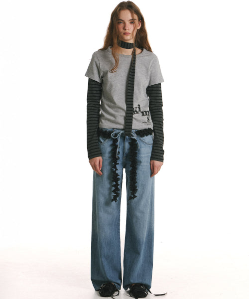 34 STRIPE LAYERED APPLIQUE LONG SLEEVE T-SHIRT GREY