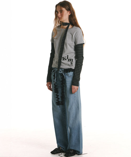 34 STRIPE LAYERED APPLIQUE LONG SLEEVE T-SHIRT GREY