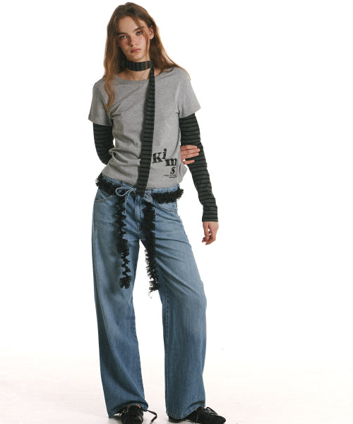 34 STRIPE LAYERED APPLIQUE LONG SLEEVE T-SHIRT GREY