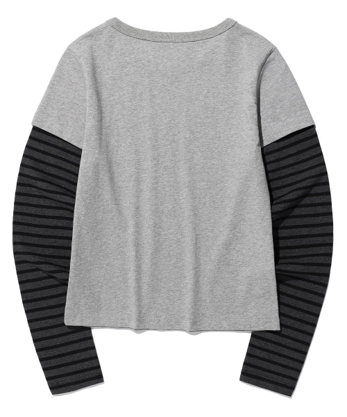 34 STRIPE LAYERED APPLIQUE LONG SLEEVE T-SHIRT GREY