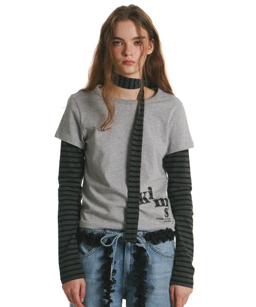 34 STRIPE LAYERED APPLIQUE LONG SLEEVE T-SHIRT GREY