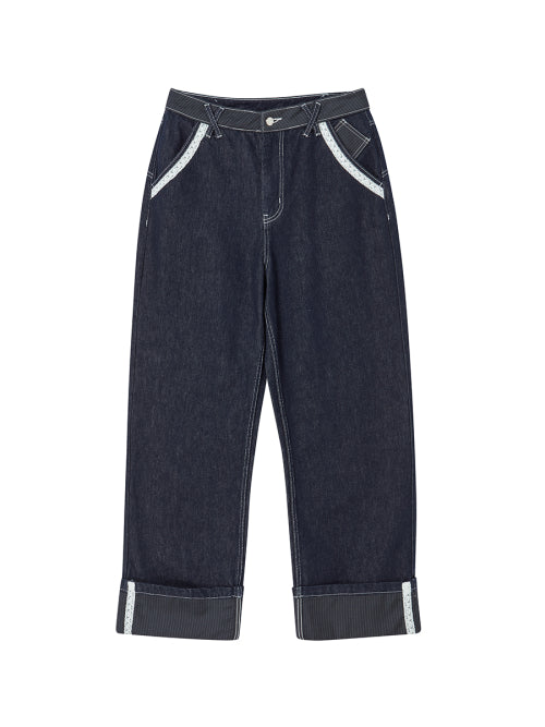 LACE ROLL UP DENIM PANTS BLUE - 2 COLORS