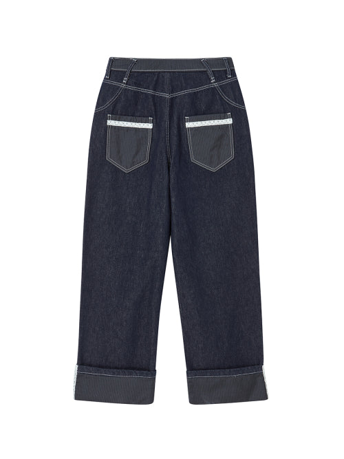 LACE ROLL UP DENIM PANTS BLUE - 2 COLORS