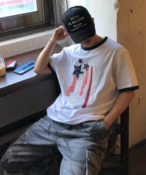 FLAG APPLIQUE RINGER TEE - 3 COLORS